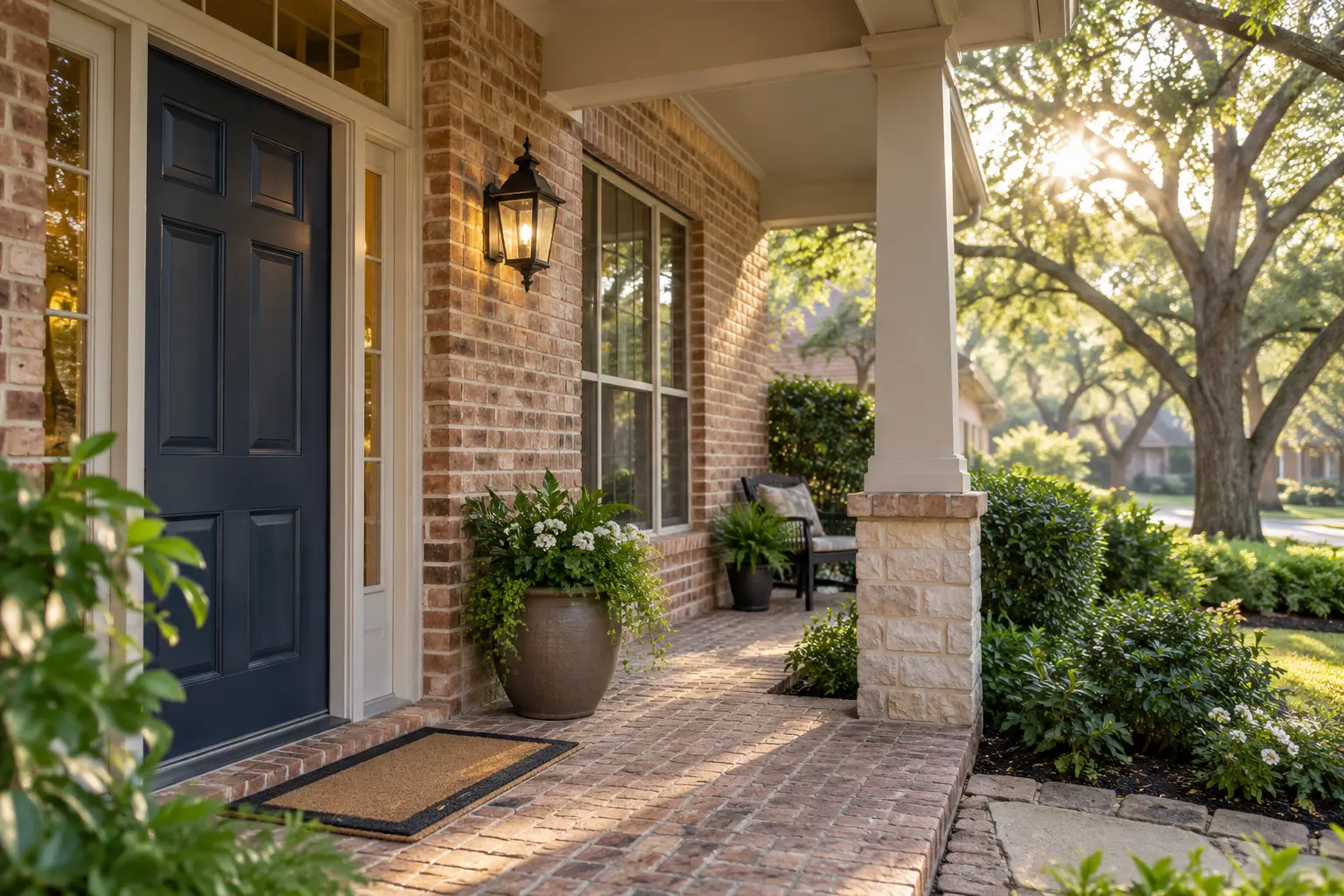 Shaded brick home entry in Sugar Land, Texas